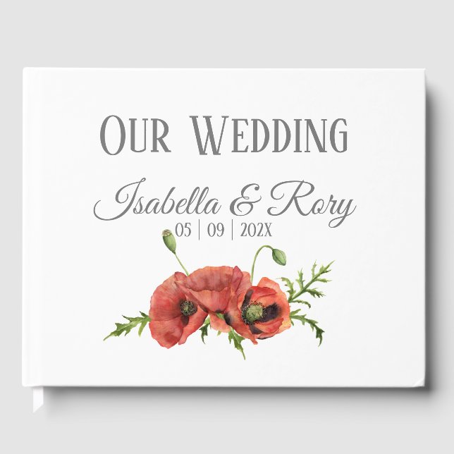 Jolie aquarelle Rouge Poppies Mariage Livre d'or (Recto)