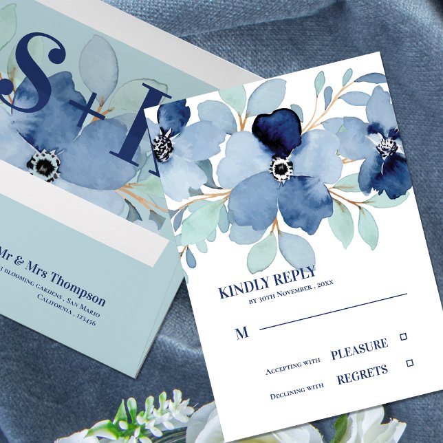 Jolie aquarelle Stale Blue Floral Wedding RSVP (Pretty Watercolor Stale Blue Floral Wedding RSVP)