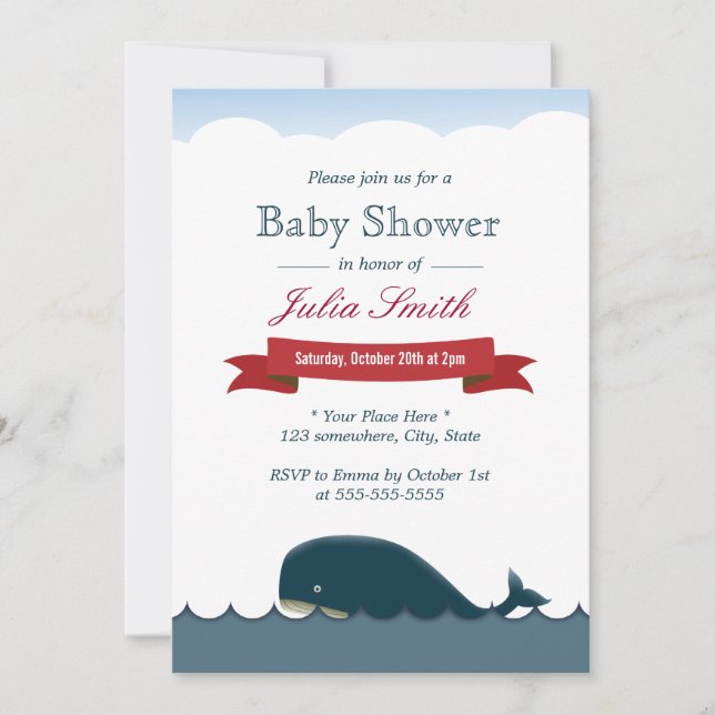 Jolie Baleine Bleue & Mer Bébé Douche Invitations (Devant)