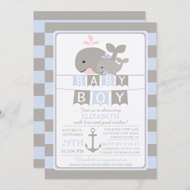 Jolie baleine Boy Baby shower Invitation (Devant / Derrière)