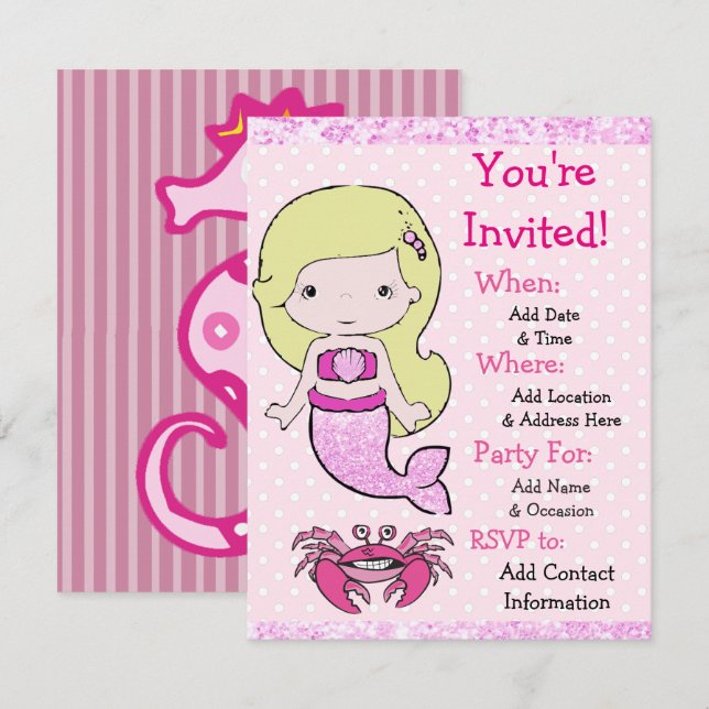 Jolie Blonde Mermaid Invitations de fête d'anniver (Devant / Derrière)