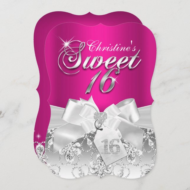 Jolie Bow Diamond Hot Pink Sweet 16 Invitation (Devant / Derrière)