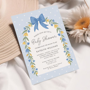 Jolie Bow Floral Baby shower Blue Invitation
