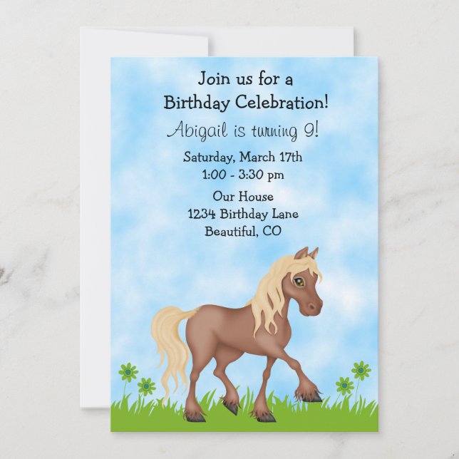 Jolie Brown Horse Girls Anniversaire Invitation (Devant)