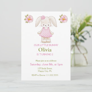 Jolie Bunny Girl Anniversaire Fête rose Invitation