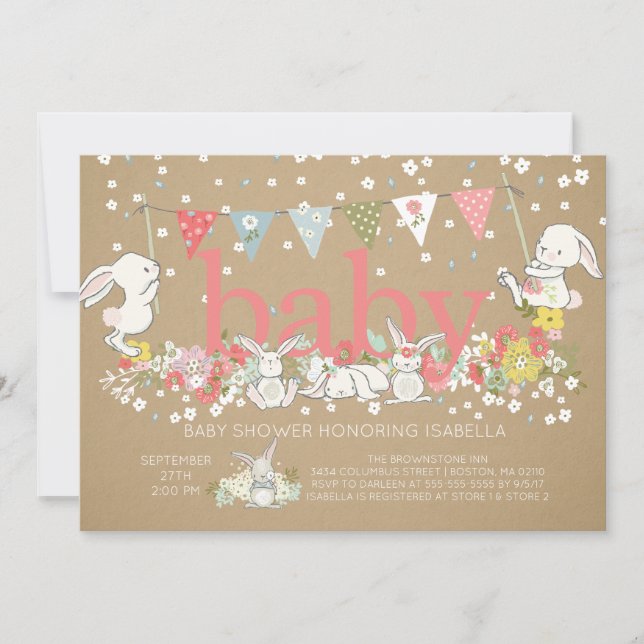 Jolie Bunny Girls Baby shower Invitation (Devant)