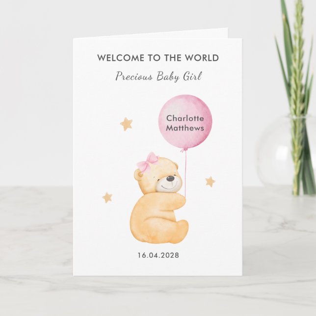 Jolie carte d'accueil pour bébé fille avec ours et (Devant)