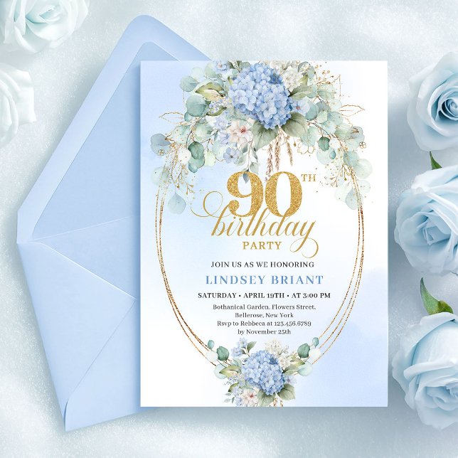 Jolie carte d'anniversaire 90 ans bleu hydrangea o (Pretty Soft Blue Hydrangea Gold 90th Birthday Card)