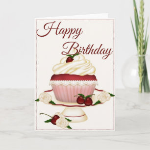 Jolie carte d'anniversaire cupcake cerise élégante