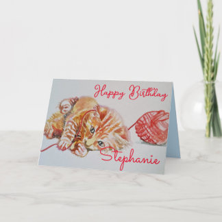 Jolie carte d'anniversaire de chat roux tabby joua