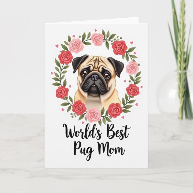 Jolie carte de fête des mères Pug Rose (Devant)