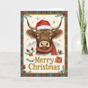 Jolie carte de Noël à carreaux avec vache des High