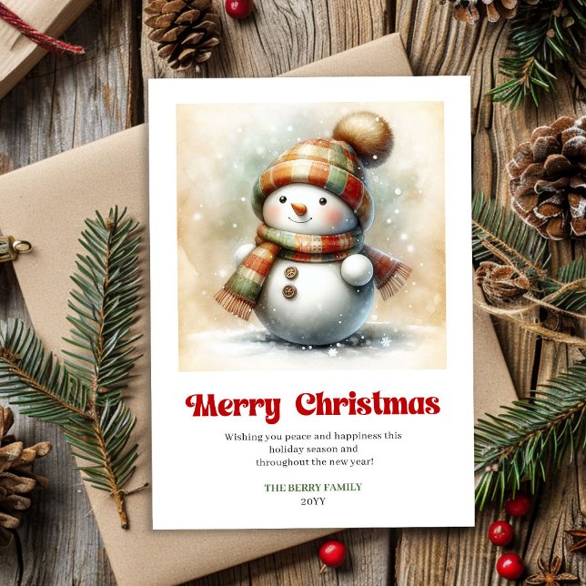 Jolie carte de Noël à l'aquarelle représentant un  (Cute editable Christmas snowman watercolor greeting)