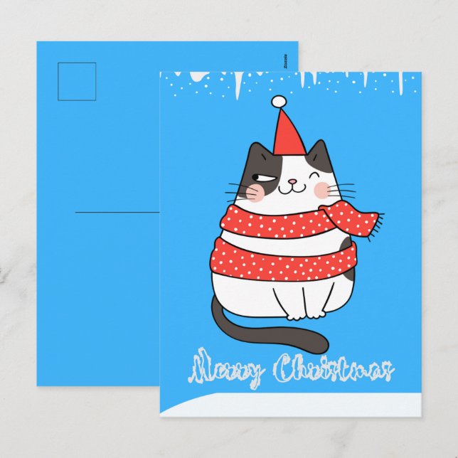 Jolie carte de Noël avec un chat de dessin animé (Devant / Derrière)