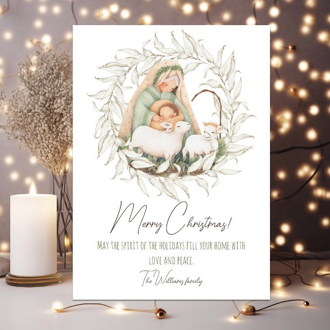 Jolie carte de Noël avec votre photo au verso (Cute pastel Christmas card with baby Jesus and Mary. Your photo on the back side)