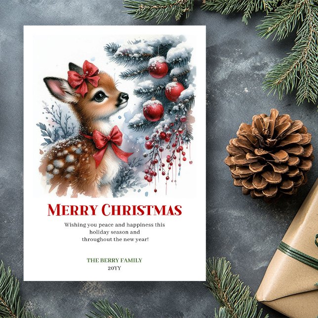 Jolie carte de Noël bébé cerf forêt enneigée aquar (Lovely Baby Deer Snowy Forest Watercolor Christmas Card

)