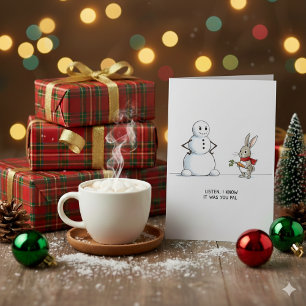 Jolie carte de Noël bonhomme de neige et lapin