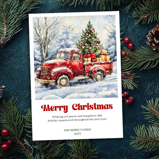 Jolie carte de Noël de style rustique avec camion  (Lovely Rustic Red Truck Christmas Scene Card Style)