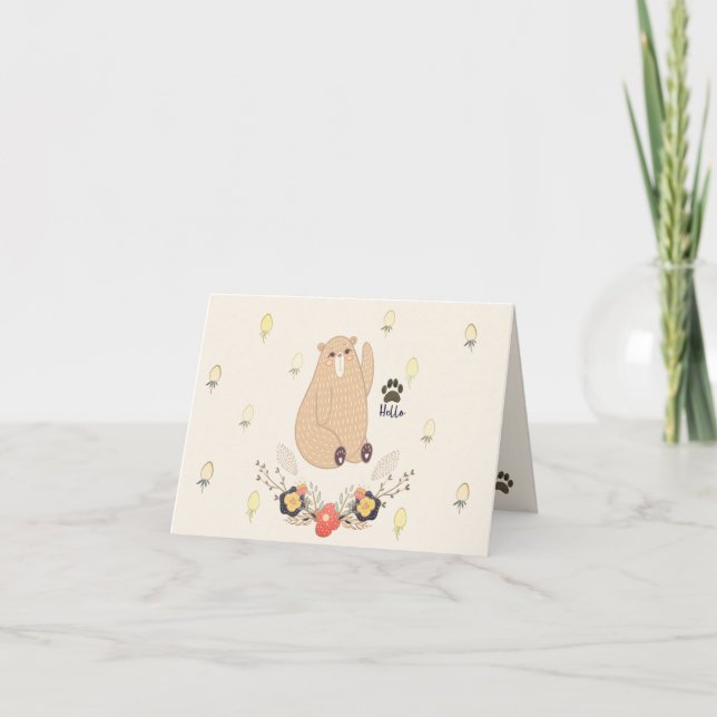 Jolie carte de note pliée Ourson Bonjour fraise (Devant)