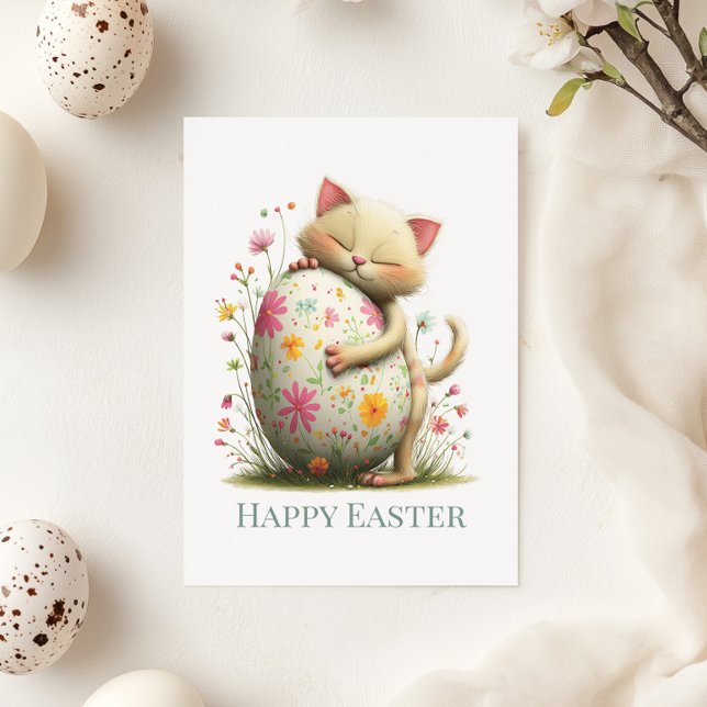Jolie carte de Pâques plate à chat (Cute Easter Cat Flat Greeting Card on a sunny table with Easter and Spring decor)