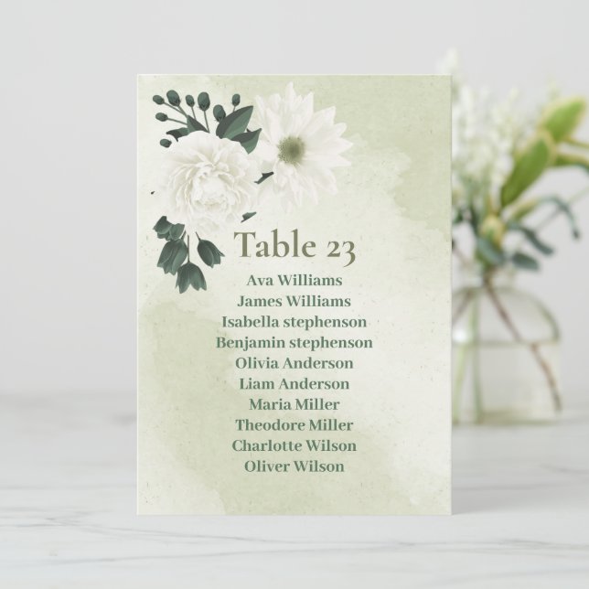Jolie carte de plan de table avec fleurs blanches  (Debout devant)