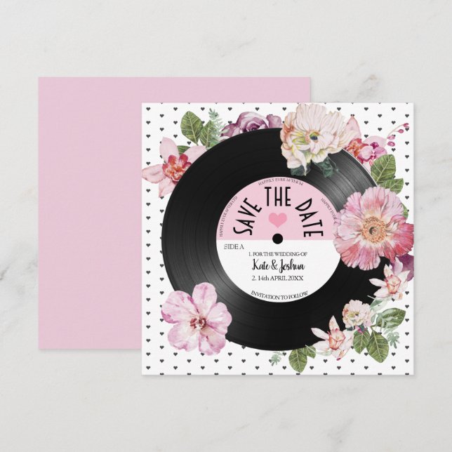 Jolie carte de Save the Date de mariage rétro viny (Devant / Derrière)