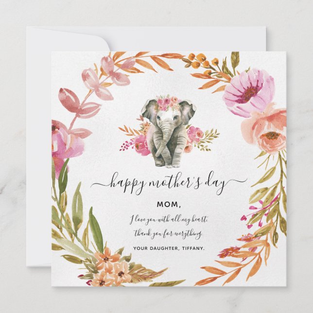 Jolie Carte De Vacances Aquarelle Elephant Et Fleu (Devant)