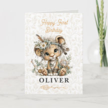 Jolie carte de vœux de lion floral pour 1er annive