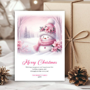 Jolie carte de vœux de Noël bonhomme de neige rose