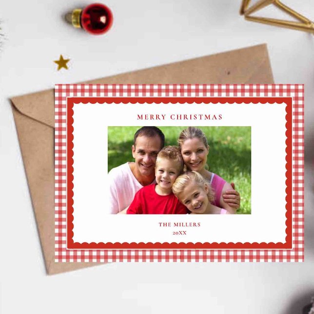 Jolie carte de vœux de Noël photo gingham rouge (Créateur téléchargé)