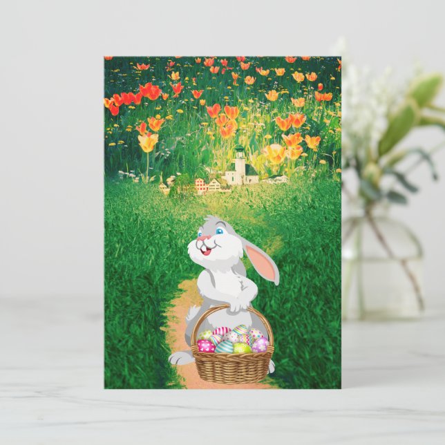 Jolie carte de vœux plate de lapin de Pâques (Debout devant)