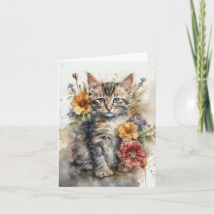Jolie carte de vœux vierge avec chat tabby gris fl