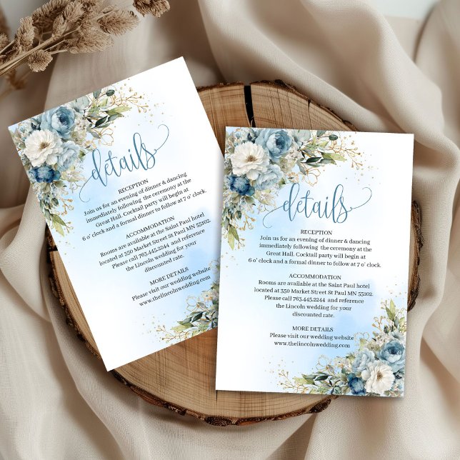 Jolie carte d'information de mariage en floral ble (Lovely Dusty Blue Floral Gold Wedding Info Card

)