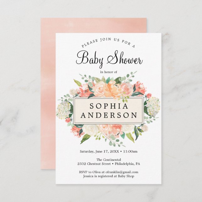 Jolie carte d'invitation Baby shower Peach (Devant / Derrière)