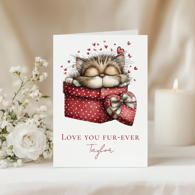 Jolie carte pliée pour la Saint-Valentin pour chat (Love You Fur-Ever Cute Cat Valentine Folded Card on a table with white flowers)