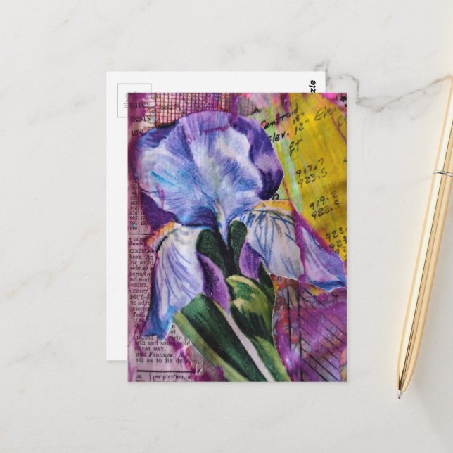 Jolie carte postale collage fleur d'Iris en média  (Devant/Arrière en situation)