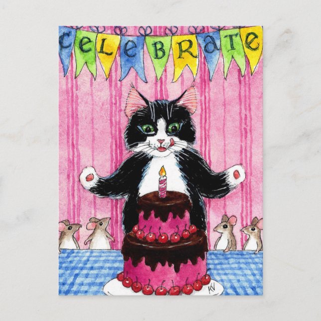 Jolie carte postale de chat avec gâteau de célébra (Devant)