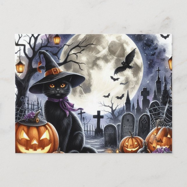 Jolie carte postale d'Halloween de chat noir (Devant)