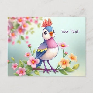 Jolie Carte Postale Florale Oiseau Rose Bleu