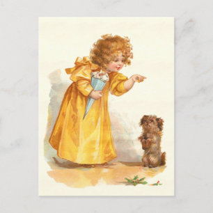 Jolie carte postale Vintage Petite fille et chien 