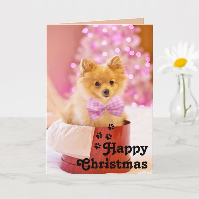 Jolie carte unique de Noël avec un chiot au ruban  (Petite plante)