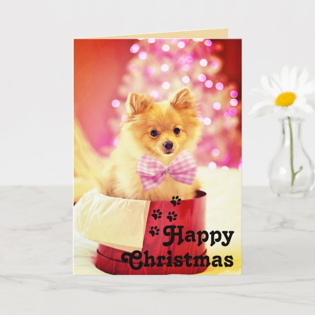 Jolie carte unique de Noël avec un chiot au ruban  (Petite plante)