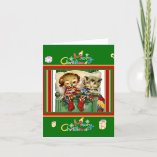 Jolie carte vintage Joyeux Noël chatons chien