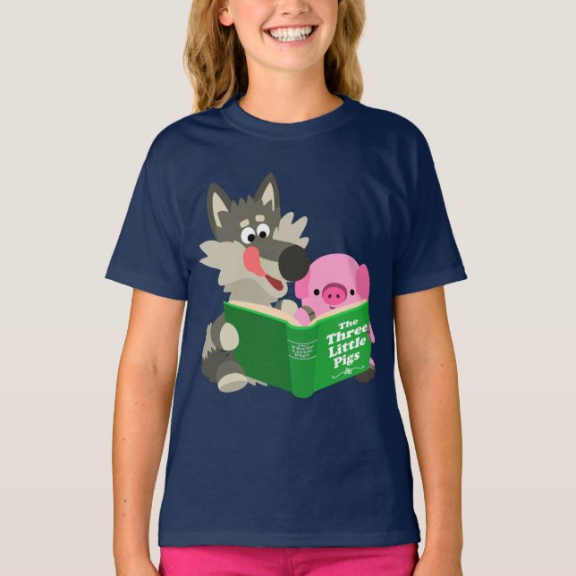 Jolie Cartoon Cochon Et Loup Lire T-shirt Enfants (Devant)