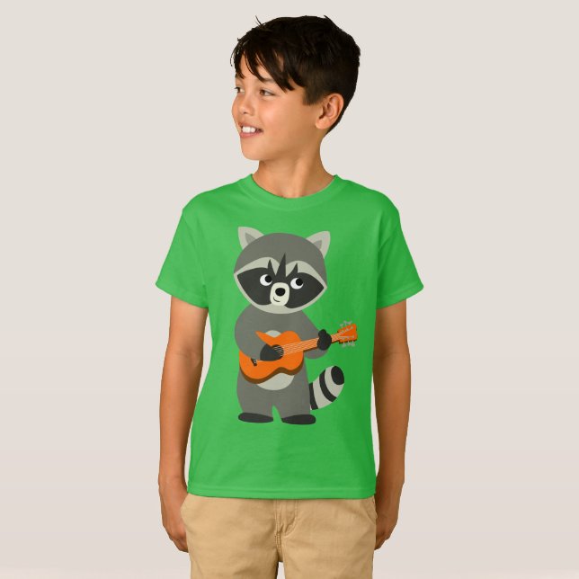 Jolie Cartoon Raccoon Jouer T-shirt Guitar Kids (Devant entier)
