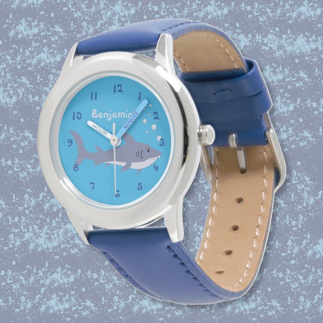 Jolie Cartoon requin bleu bébé Montre débutante (Cute cartoon swimming shark kid watch with name . )