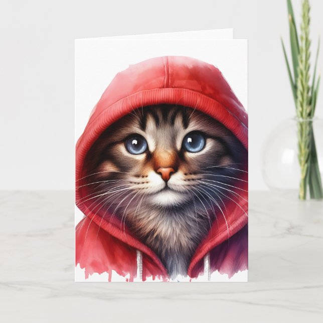 Jolie chat dans un sweat à capuche rouge carte de  (Devant)