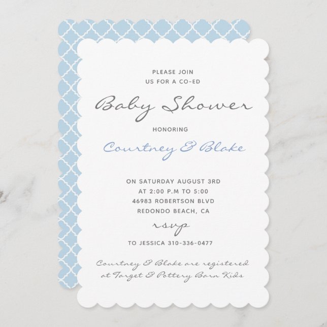 Jolie co-Ed Baby Invitation Bleu (Devant / Derrière)