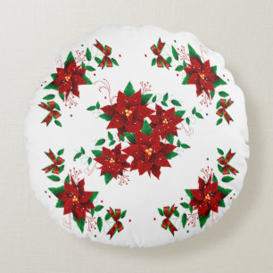 Jolie Coussin Rond Fleurs Rouges de Noël