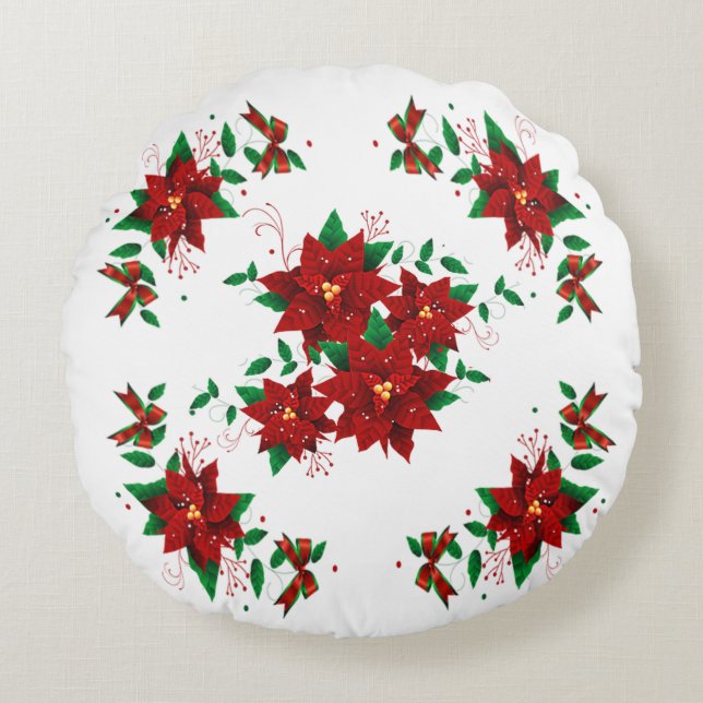 Jolie Coussin Rond Fleurs Rouges de Noël (Devant)